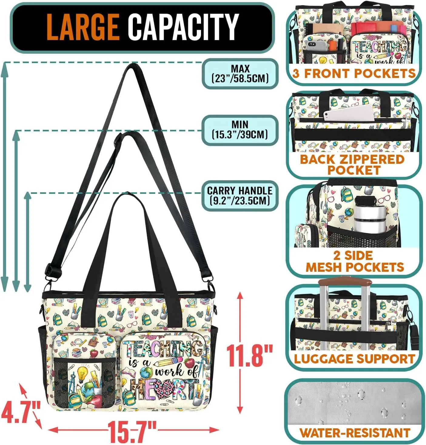 84hoods Large Teacher Work Bag. Waterproof Teacher Shoulder Bag for Work. Gift for Teacher.
