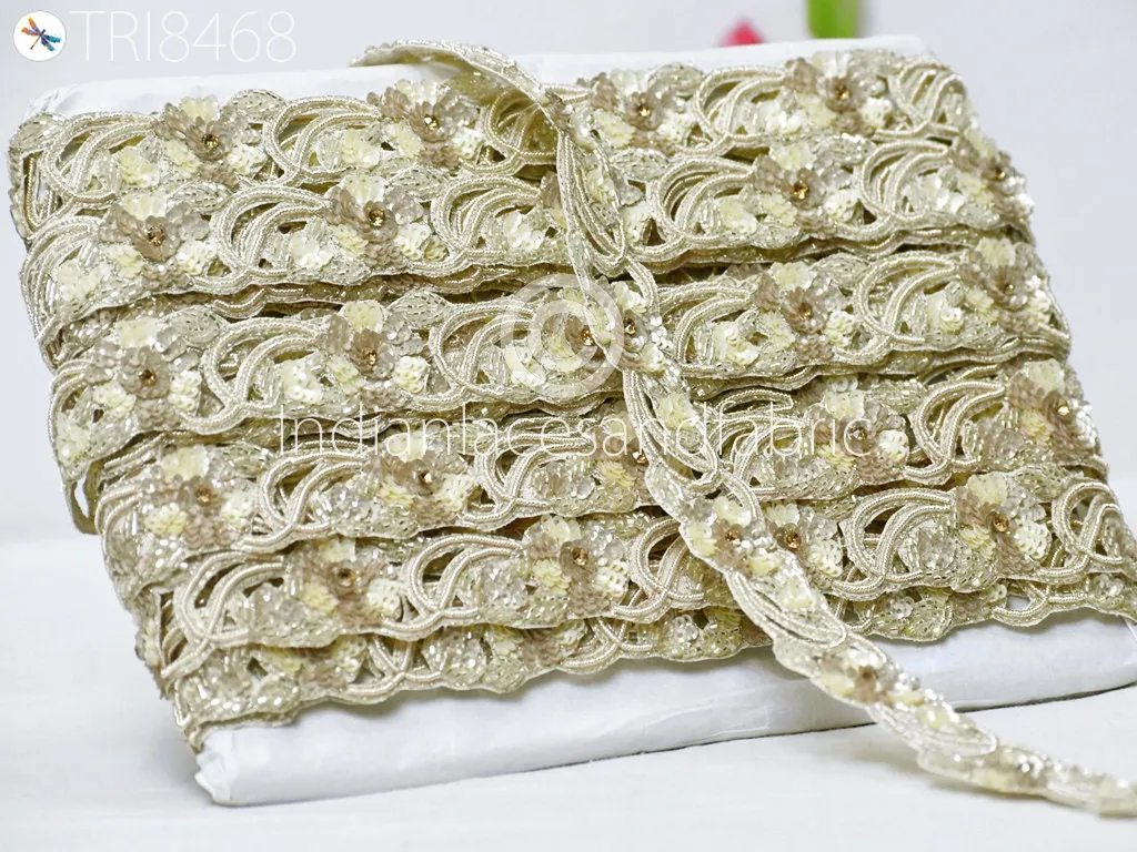 9 Yard Handmade Sequin Zardozi Trim Decor Wedding Dresses Costumes Indian Floral Sari Border DIY Crafting Saree Ribbon Zari Laces Trimming