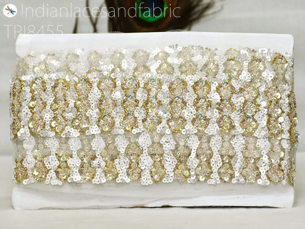 9 yard Indian Sequin Trims Ivory Gold Wedding Dresses Ribbon Bridal Belt Sashes Laces Costumes Crafting Sewing Boutique Material Home Decor