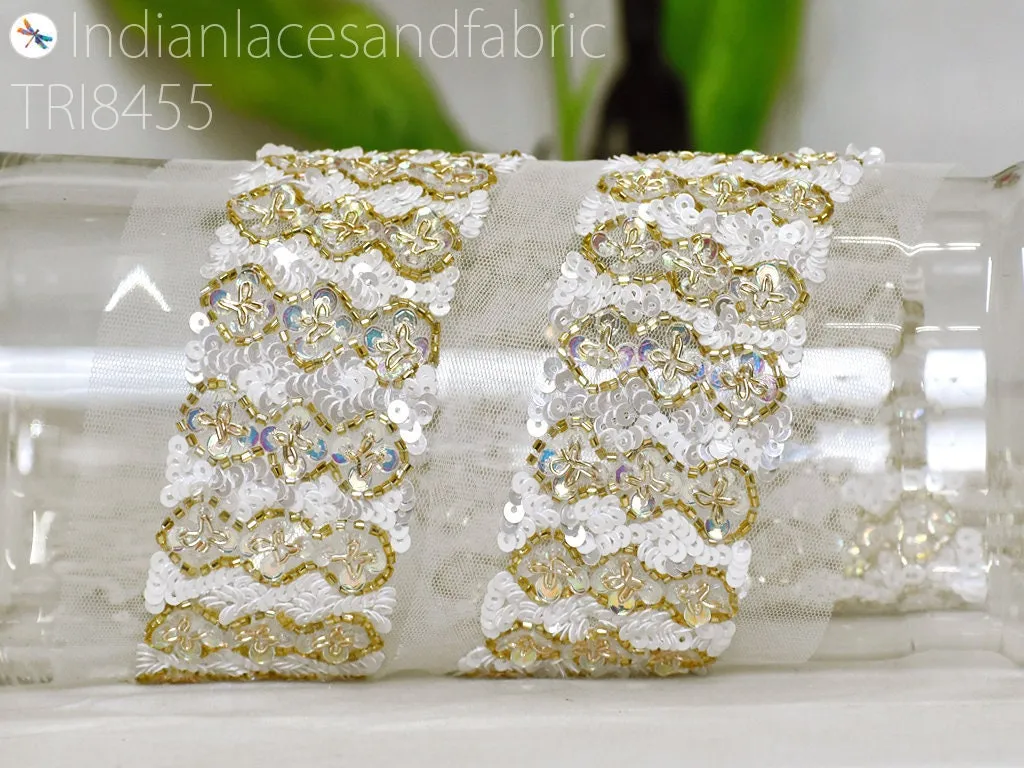 9 yard Indian Sequin Trims Ivory Gold Wedding Dresses Ribbon Bridal Belt Sashes Laces Costumes Crafting Sewing Boutique Material Home Decor