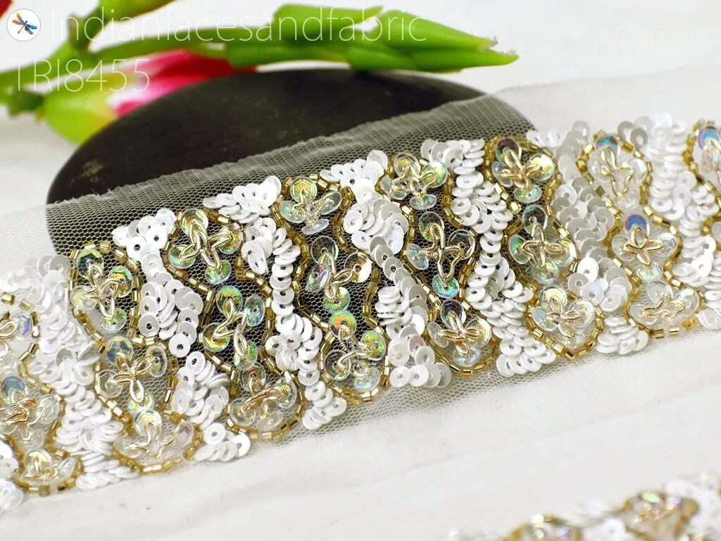 9 yard Indian Sequin Trims Ivory Gold Wedding Dresses Ribbon Bridal Belt Sashes Laces Costumes Crafting Sewing Boutique Material Home Decor