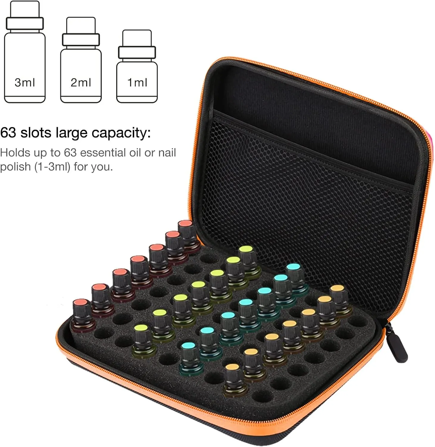 Acouto 63 Slots Essential Oil Storage Carrying Case, Portable Aromatherapy Essential Oil Bag Box Nail Polish Holders, for Fragrance Oils, Nail Polish 1ML 2ML 3ML (Orange)