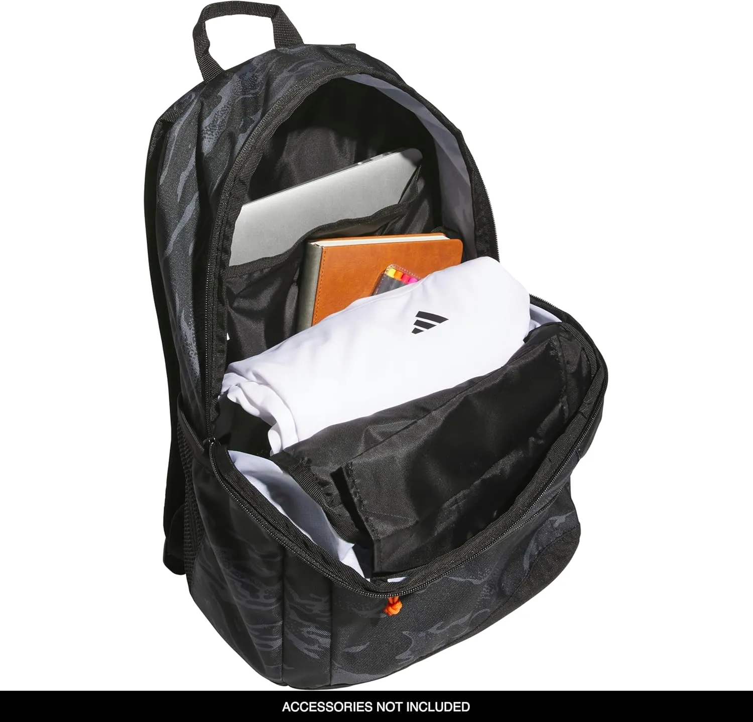 adidas Affiliate Small Backpack for Women and Men, Durable Bag with Laptop Sleeve, Essential Camo Black/Orange, One Size
