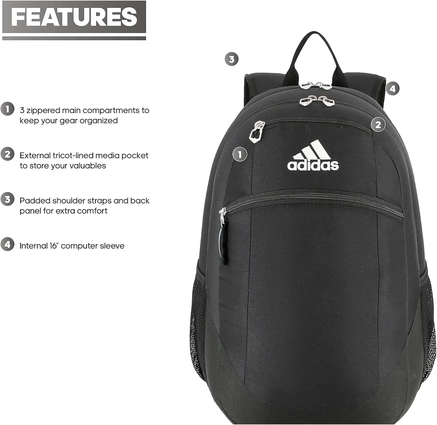 adidas Striker Team Sports Backpack for Soccer and More, Workout Bag for Men and Women, Black/White, One Size