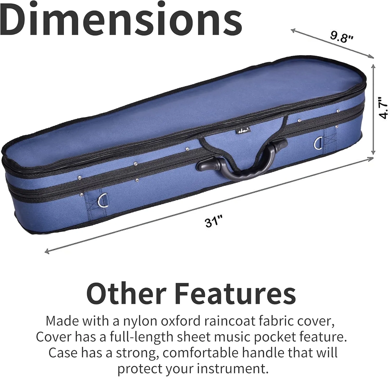 adm 4/4 Full Size Violin Hard Case Basic Professional Triangular Shape Backpack, Super Light Suspension, Blue
