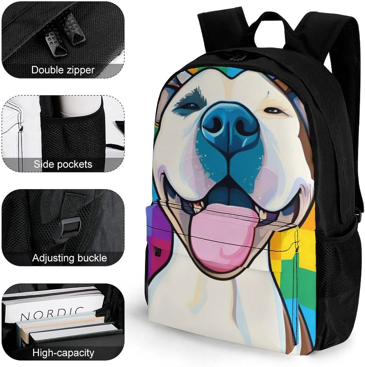 Adults Lightweight Checkerboard Pitbull Dog Smile Art Rucksacks Large Capacity Bookbag With Adjustable Shoulder Straps for Trekking Outdoors Bicycle