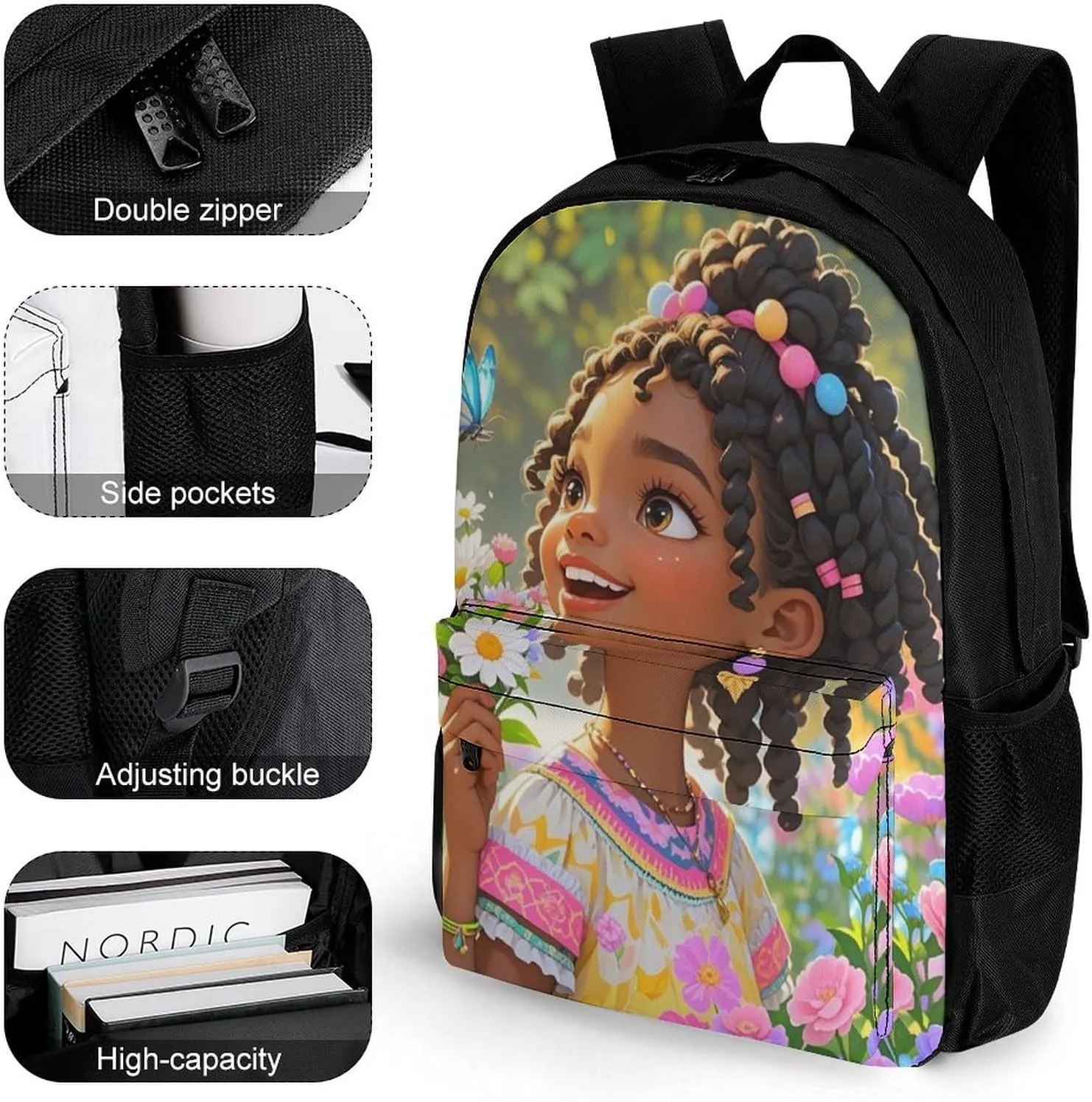 Adults Lightweight Colorful Afro American Black Woman With Butterflies Art Rucksacks Large Capacity Bookbag With Adjustable Shoulder Straps for Trekking Outdoors Bicycle