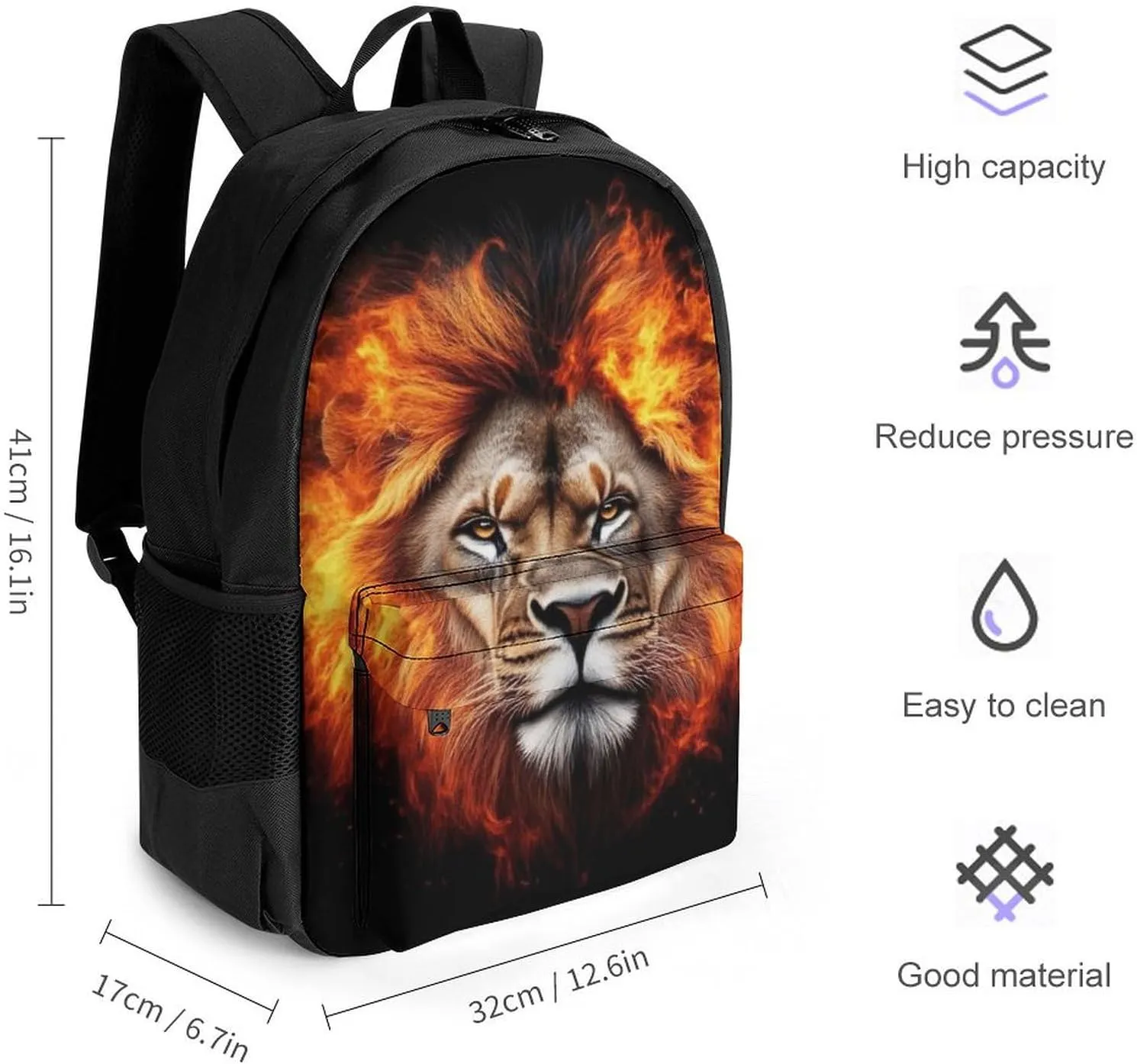 Adults Lightweight Cool Flaming Lion Fire Art Rucksacks Large Capacity Bookbag With Adjustable Shoulder Straps for Trekking Outdoors Bicycle