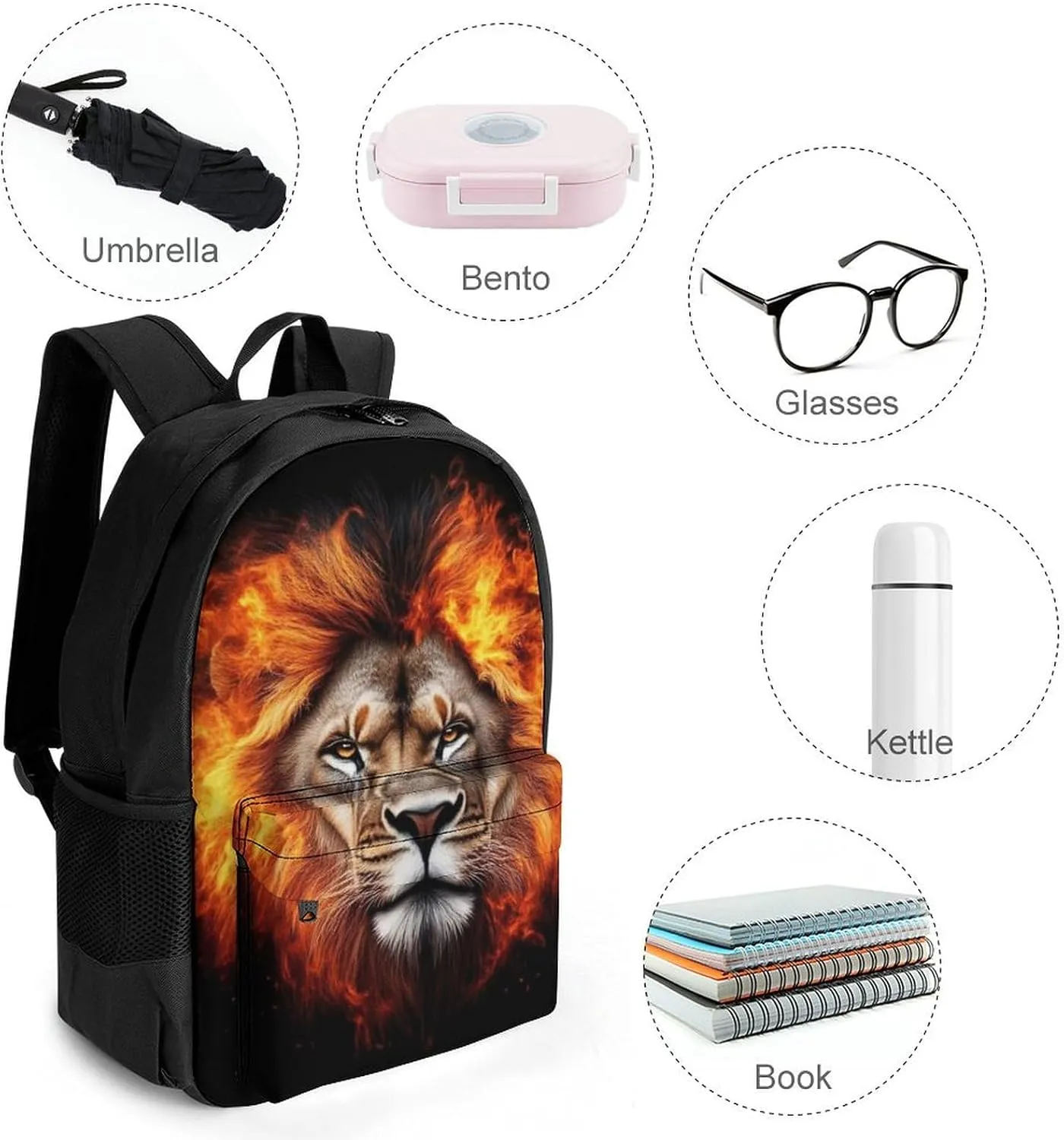 Adults Lightweight Cool Flaming Lion Fire Art Rucksacks Large Capacity Bookbag With Adjustable Shoulder Straps for Trekking Outdoors Bicycle