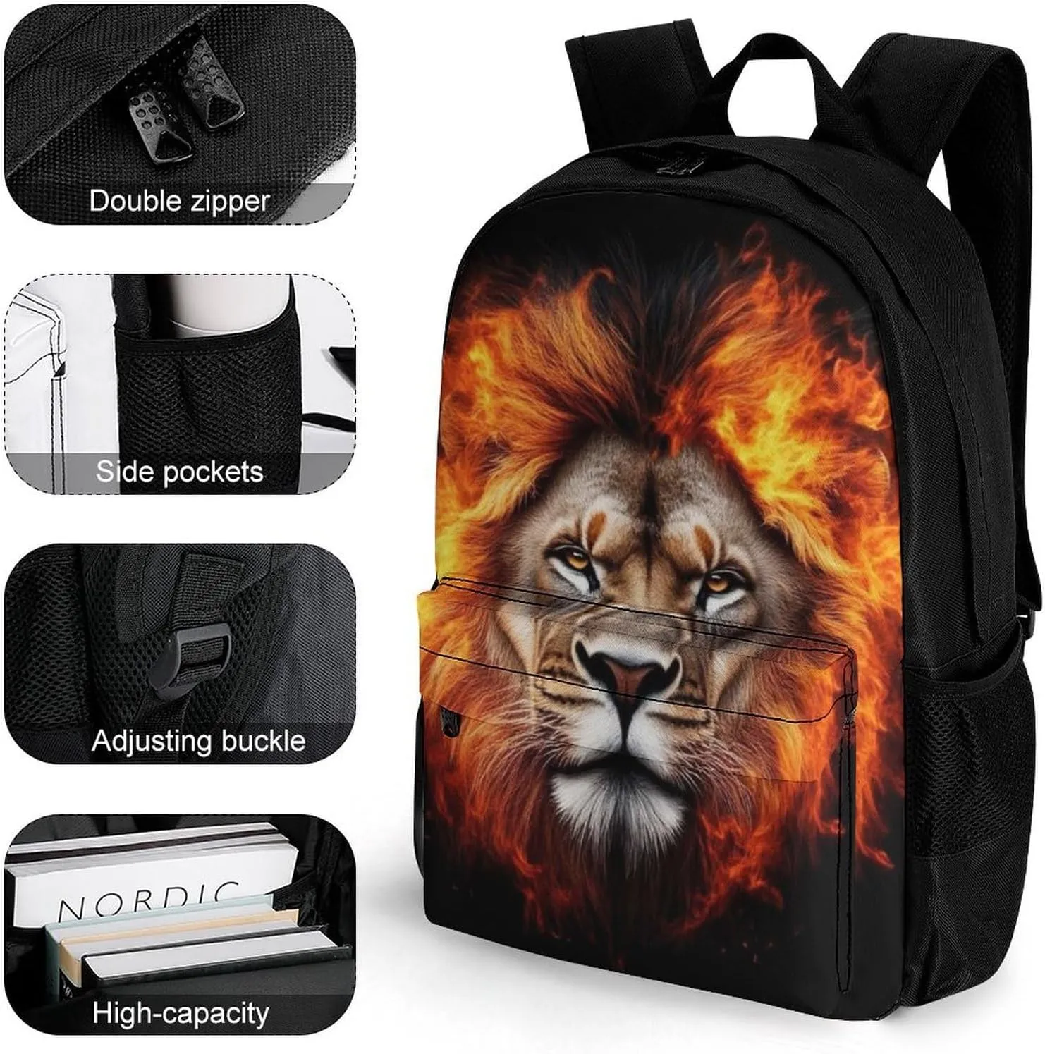 Adults Lightweight Cool Flaming Lion Fire Art Rucksacks Large Capacity Bookbag With Adjustable Shoulder Straps for Trekking Outdoors Bicycle