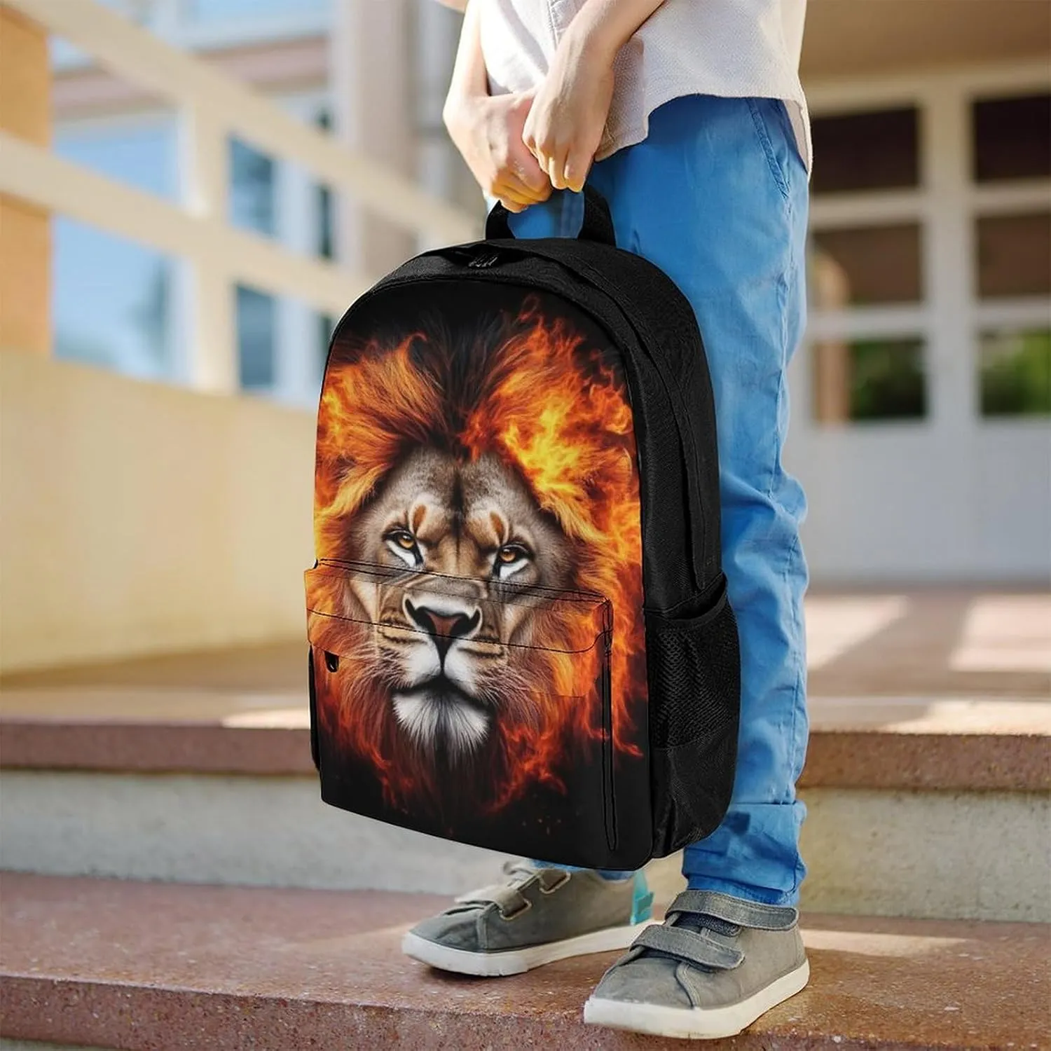 Adults Lightweight Cool Flaming Lion Fire Art Rucksacks Large Capacity Bookbag With Adjustable Shoulder Straps for Trekking Outdoors Bicycle