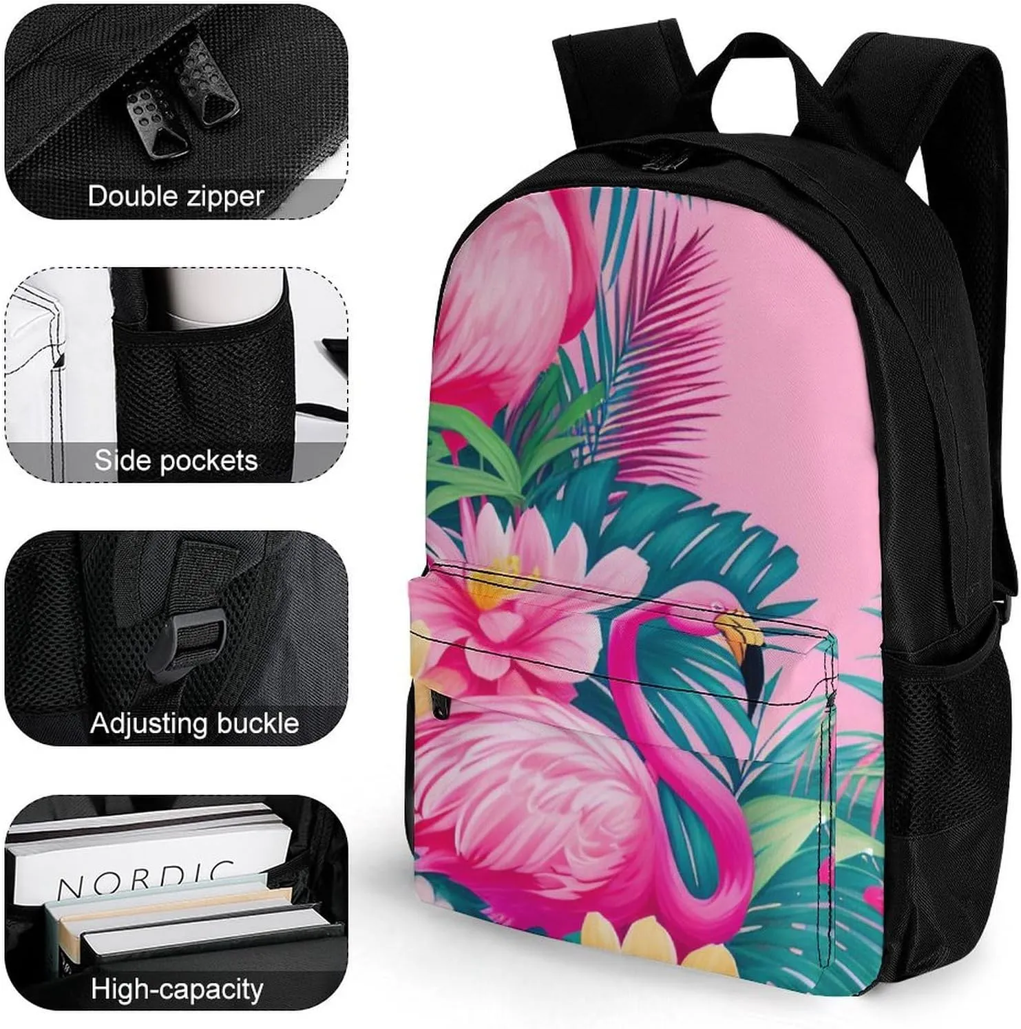 Adults Lightweight Flamingos Flower Palm Pink Summer Holiday Art Rucksacks Large Capacity Bookbag With Adjustable Shoulder Straps for Trekking Outdoors Bicycle