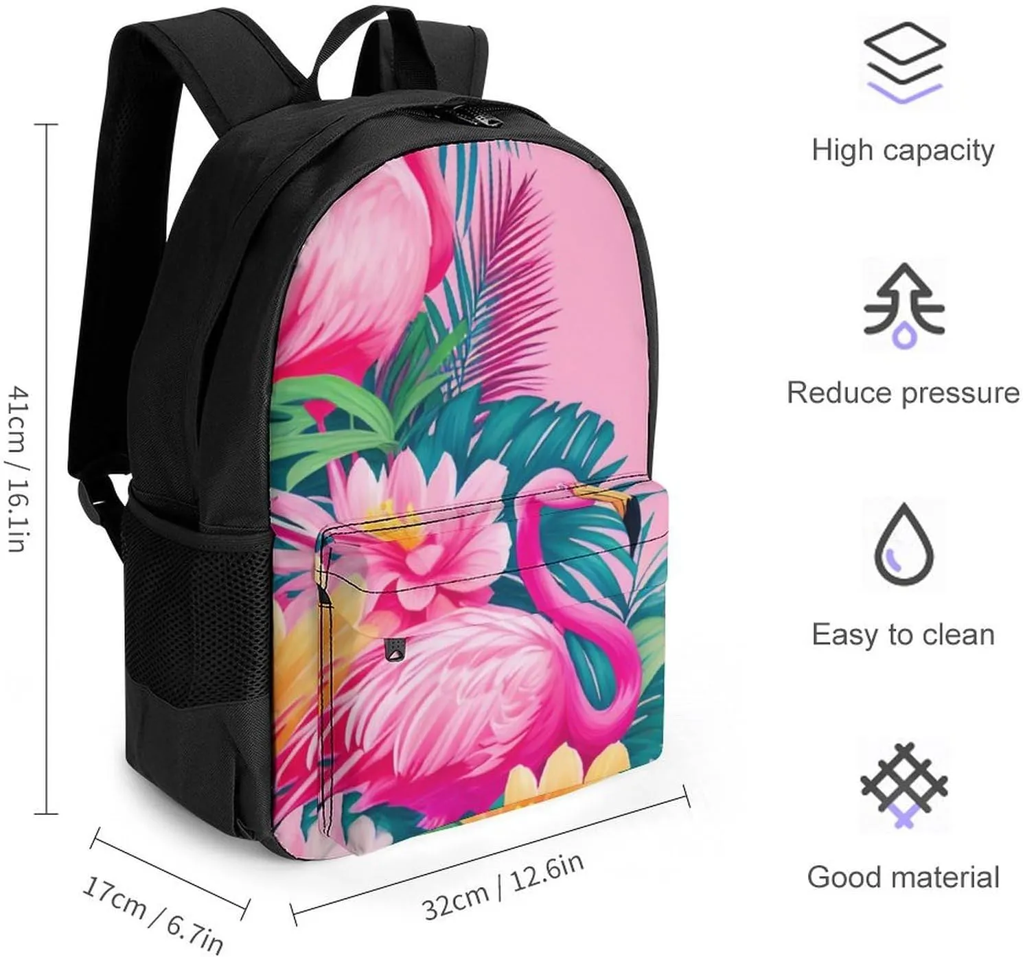 Adults Lightweight Flamingos Flower Palm Pink Summer Holiday Art Rucksacks Large Capacity Bookbag With Adjustable Shoulder Straps for Trekking Outdoors Bicycle