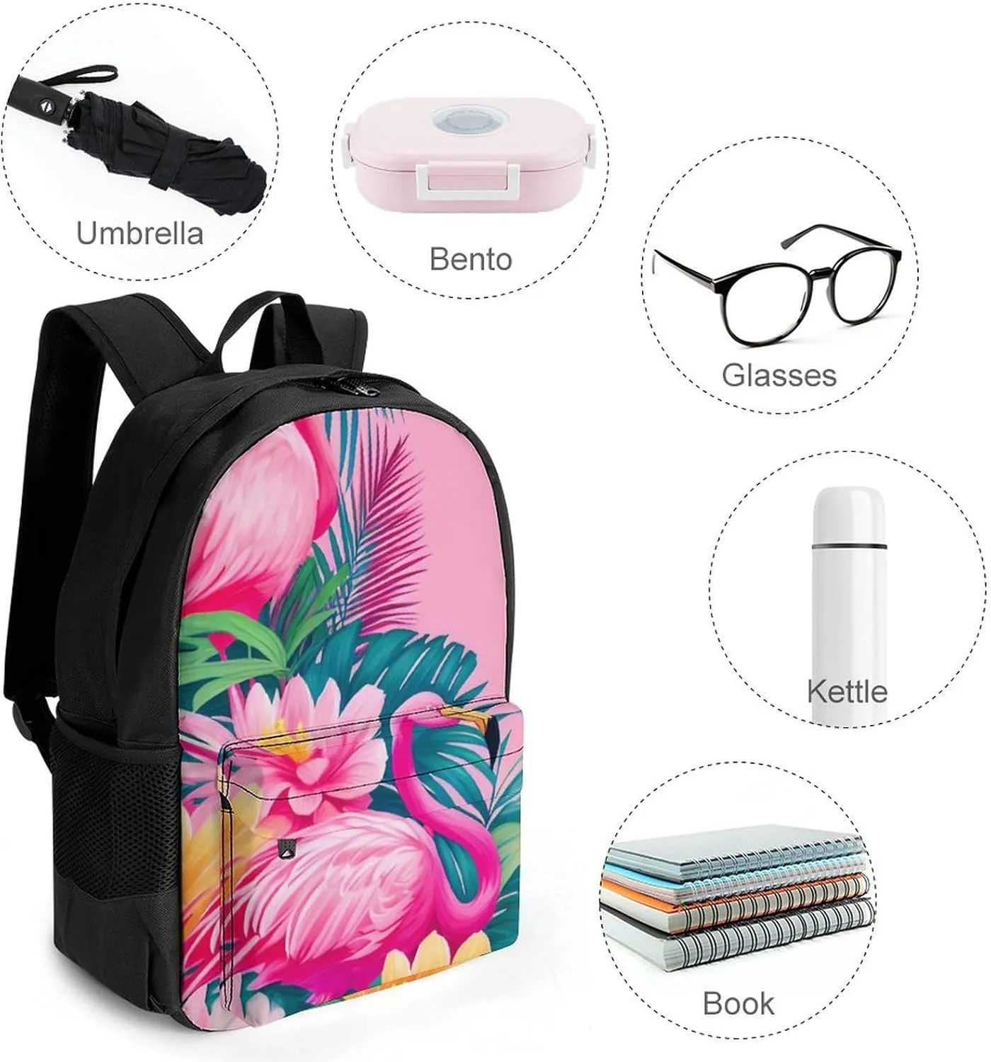 Adults Lightweight Flamingos Flower Palm Pink Summer Holiday Art Rucksacks Large Capacity Bookbag With Adjustable Shoulder Straps for Trekking Outdoors Bicycle