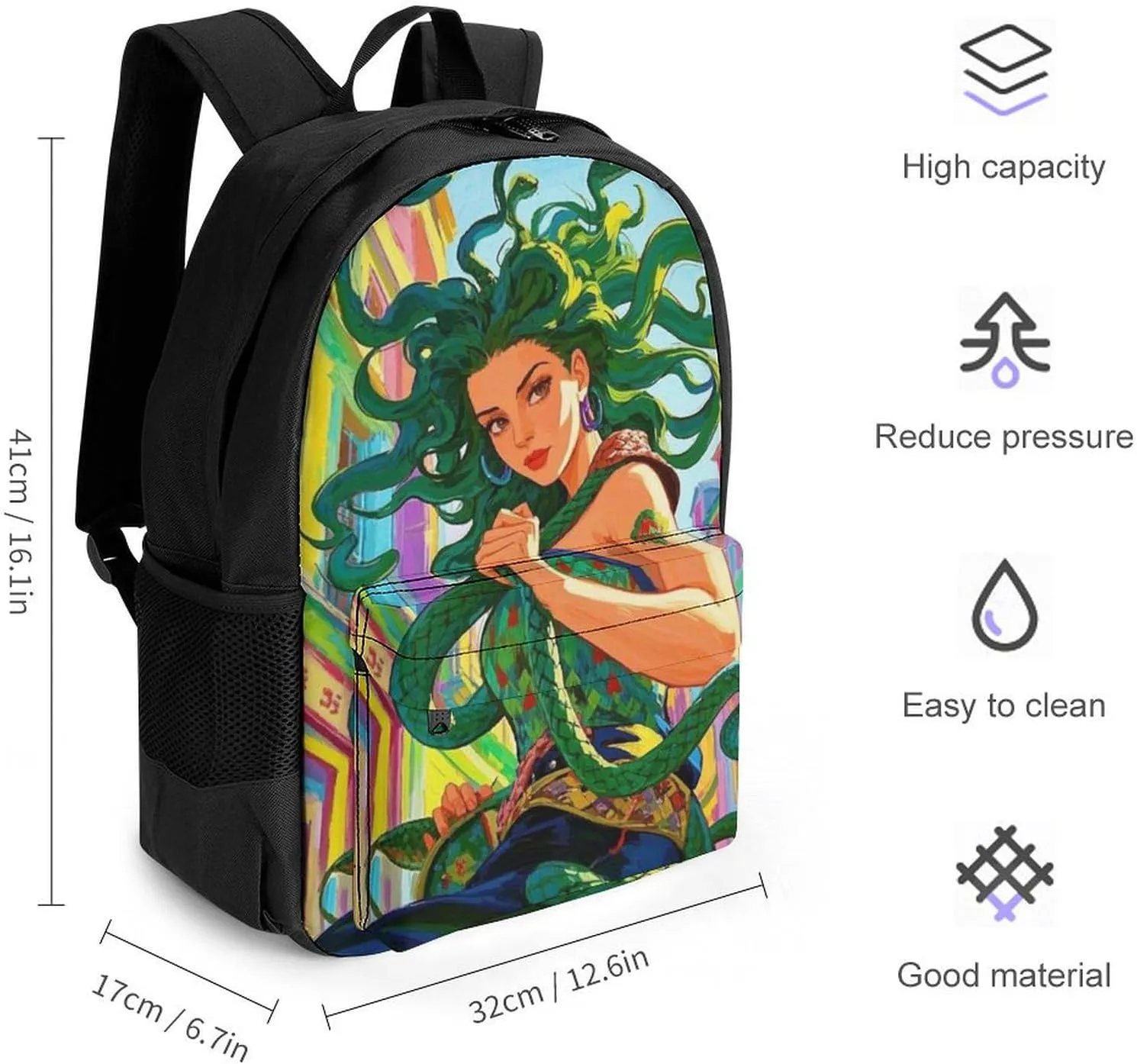 Adults Lightweight Greek Goddess Woman Medusa Women Snake Psychedelic Art Rucksacks Large Capacity Bookbag With Adjustable Shoulder Straps for Trekking Outdoors Bicycle
