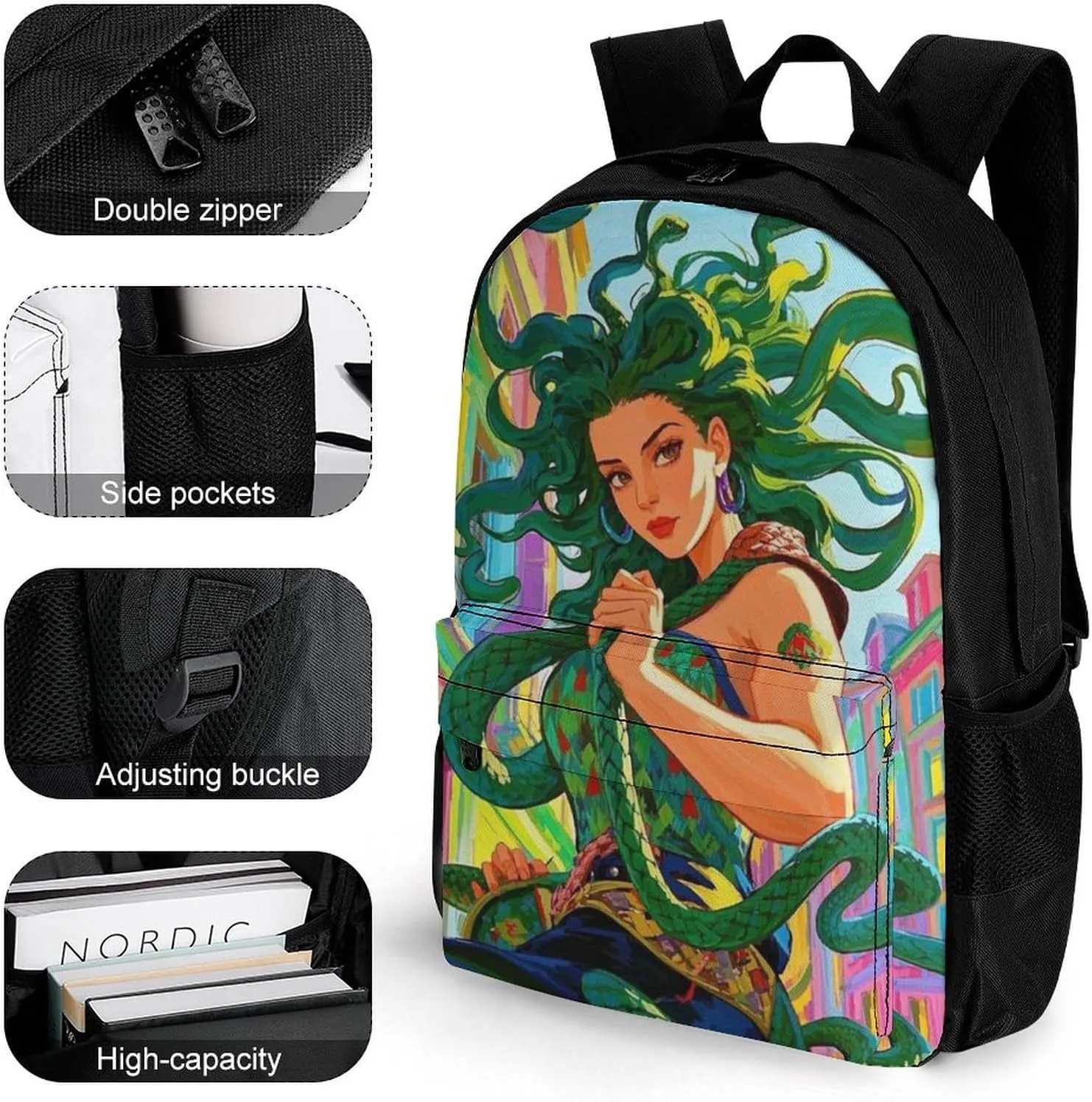 Adults Lightweight Greek Goddess Woman Medusa Women Snake Psychedelic Art Rucksacks Large Capacity Bookbag With Adjustable Shoulder Straps for Trekking Outdoors Bicycle