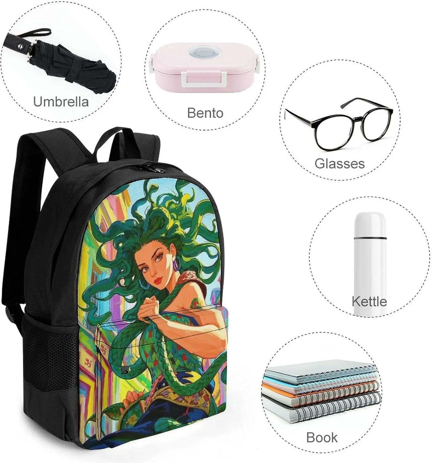 Adults Lightweight Greek Goddess Woman Medusa Women Snake Psychedelic Art Rucksacks Large Capacity Bookbag With Adjustable Shoulder Straps for Trekking Outdoors Bicycle