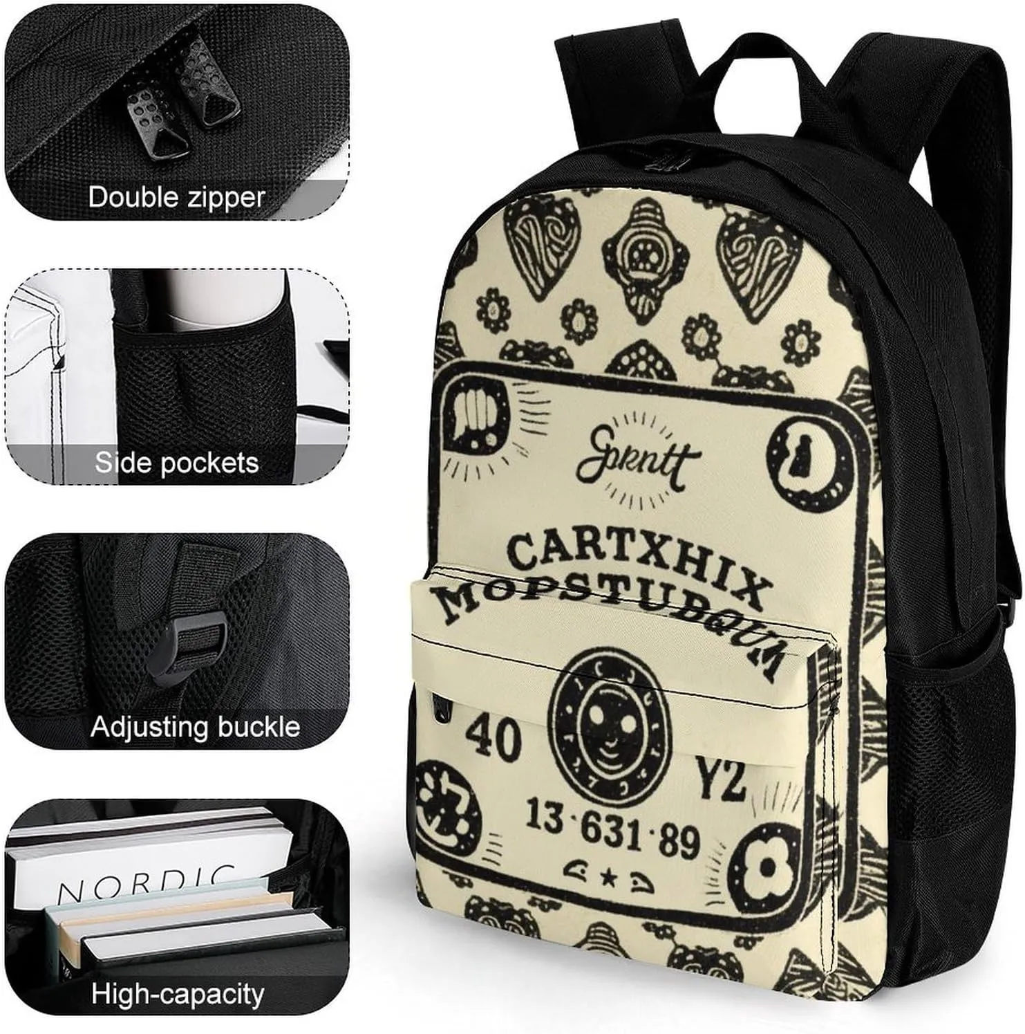 Adults Lightweight Magic Spirit Board Witch Art Rucksacks Large Capacity Bookbag With Adjustable Shoulder Straps for Trekking Outdoors Bicycle