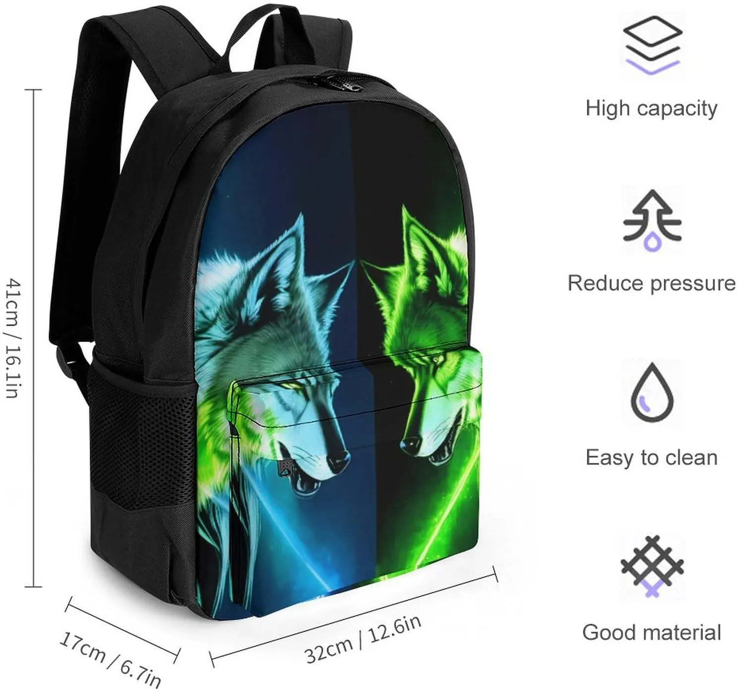 Adults Lightweight Neon Moon Light Wolf Art Rucksacks Large Capacity Bookbag With Adjustable Shoulder Straps for Trekking Outdoors Bicycle