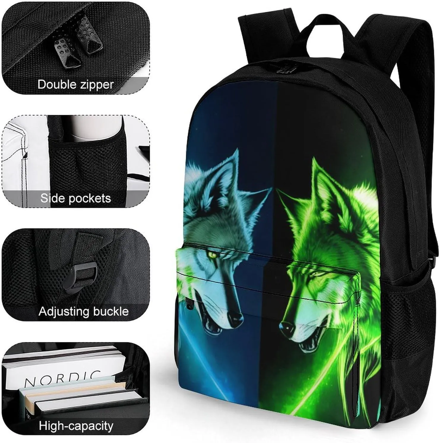 Adults Lightweight Neon Moon Light Wolf Art Rucksacks Large Capacity Bookbag With Adjustable Shoulder Straps for Trekking Outdoors Bicycle