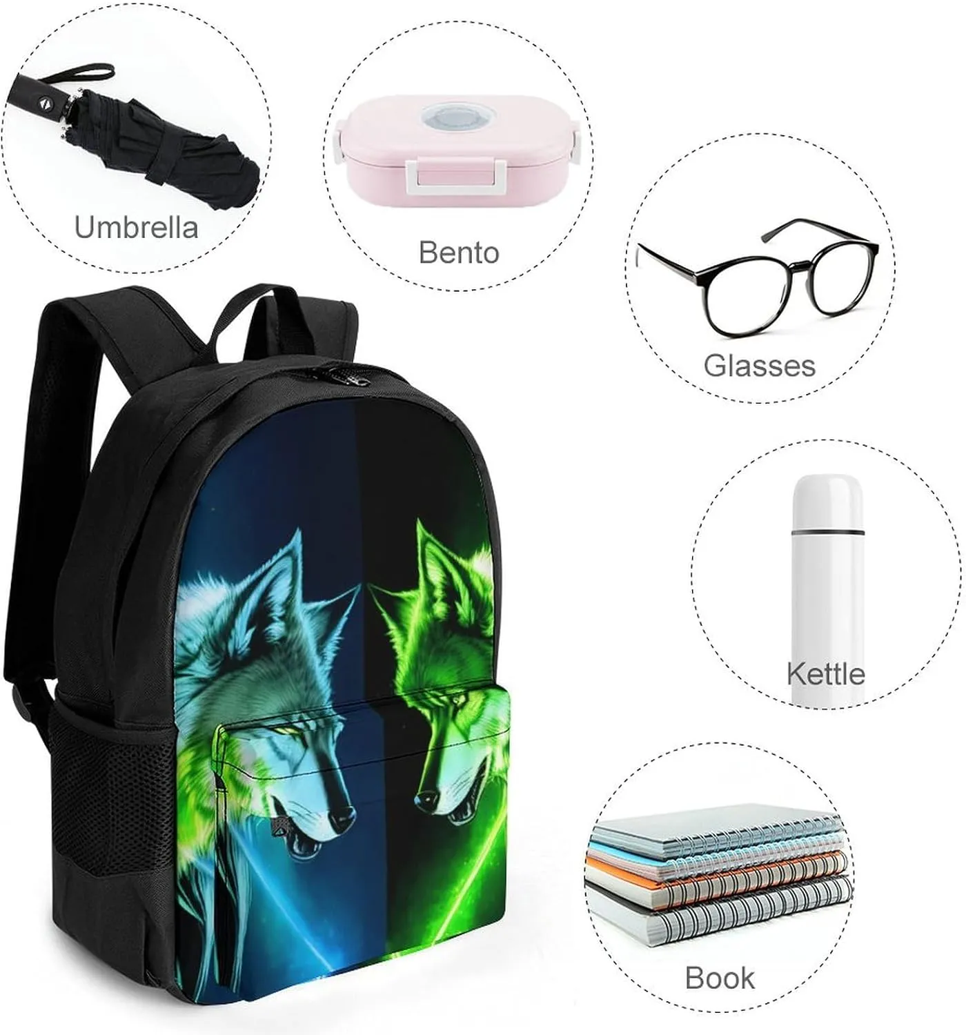 Adults Lightweight Neon Moon Light Wolf Art Rucksacks Large Capacity Bookbag With Adjustable Shoulder Straps for Trekking Outdoors Bicycle