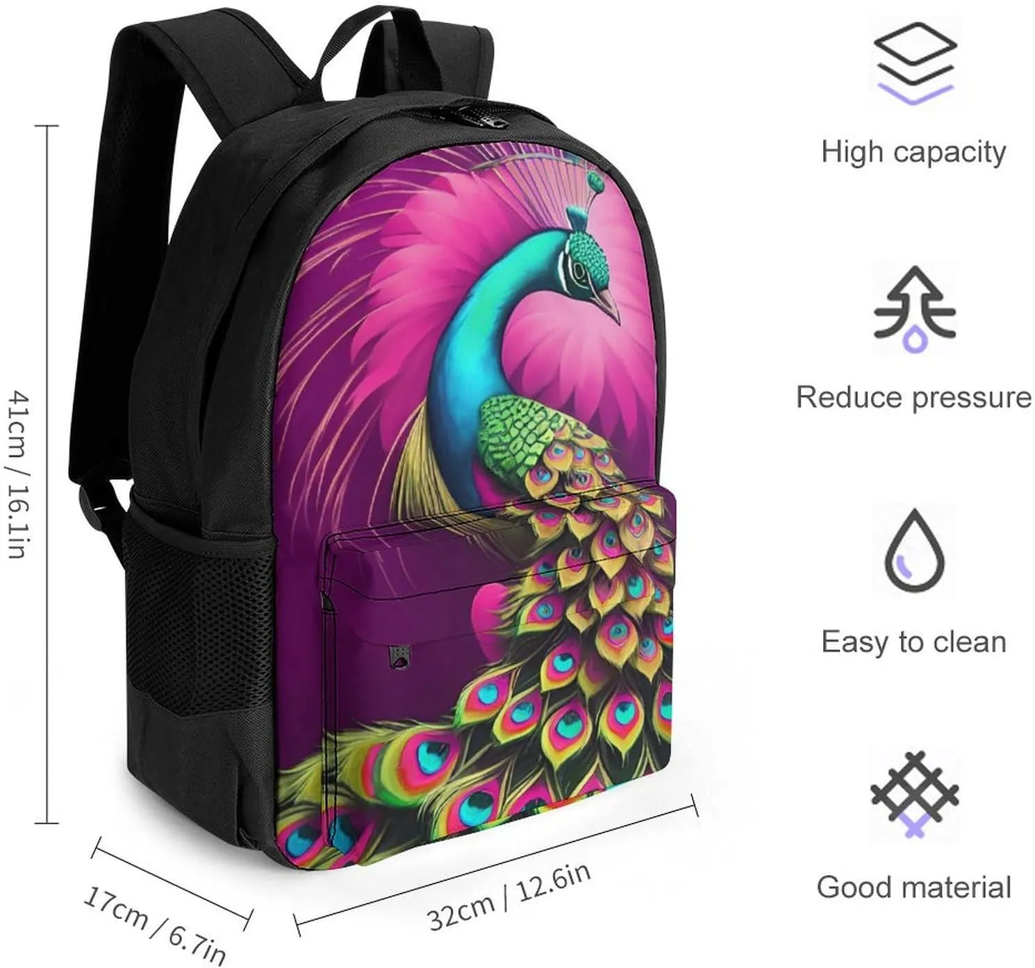 Adults Lightweight Peacock Oil Art Rucksacks Large Capacity Bookbag With Adjustable Shoulder Straps for Trekking Outdoors Bicycle