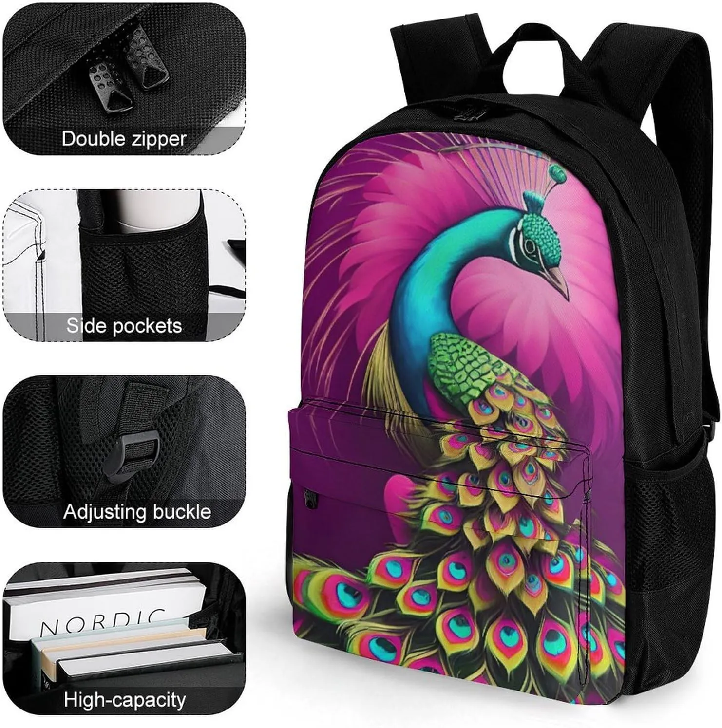 Adults Lightweight Peacock Oil Art Rucksacks Large Capacity Bookbag With Adjustable Shoulder Straps for Trekking Outdoors Bicycle