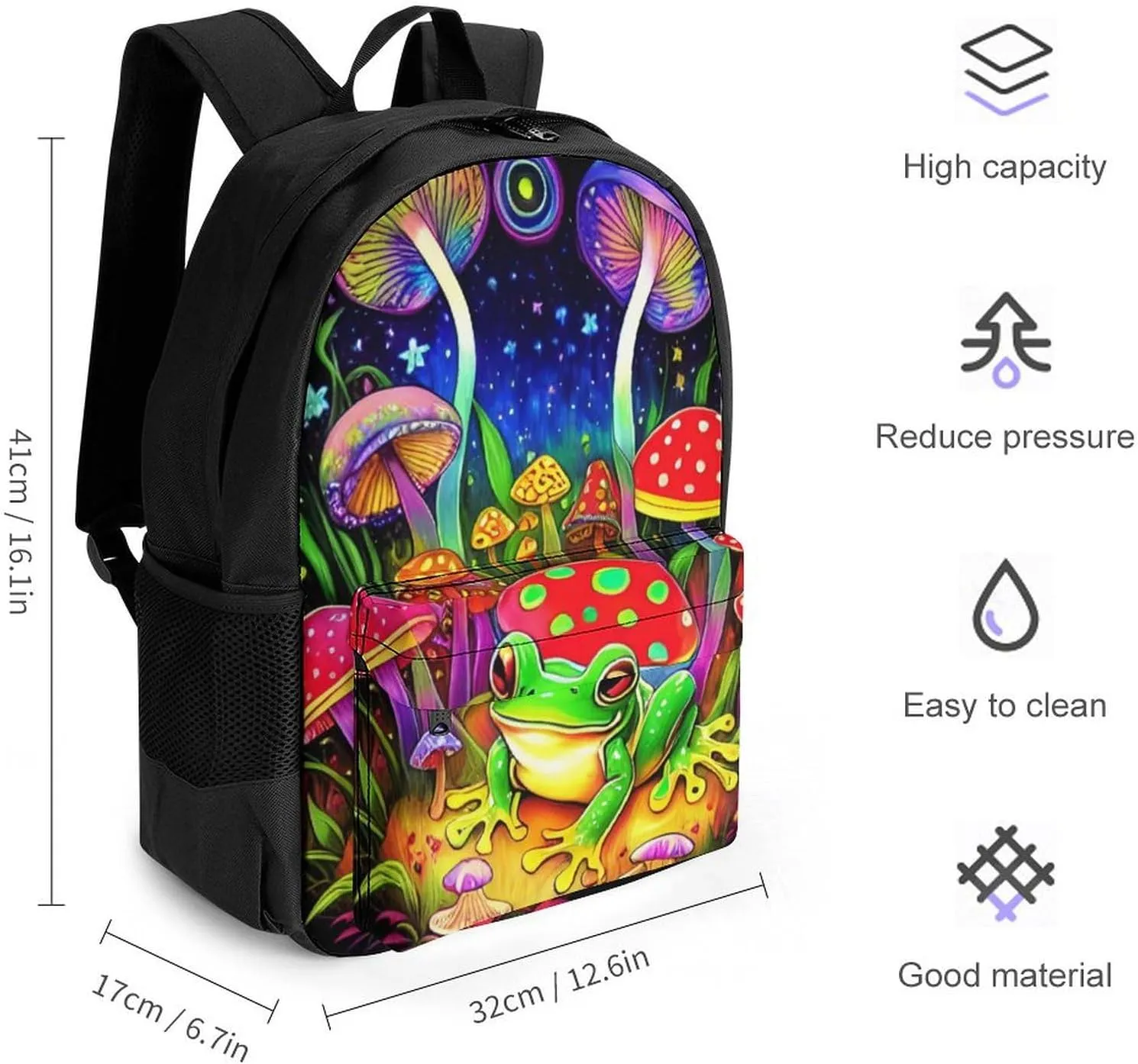 Adults Lightweight Psychedelic Magic Mushrooms Frog Trippy Art Rucksacks Large Capacity Bookbag With Adjustable Shoulder Straps for Trekking Outdoors Bicycle