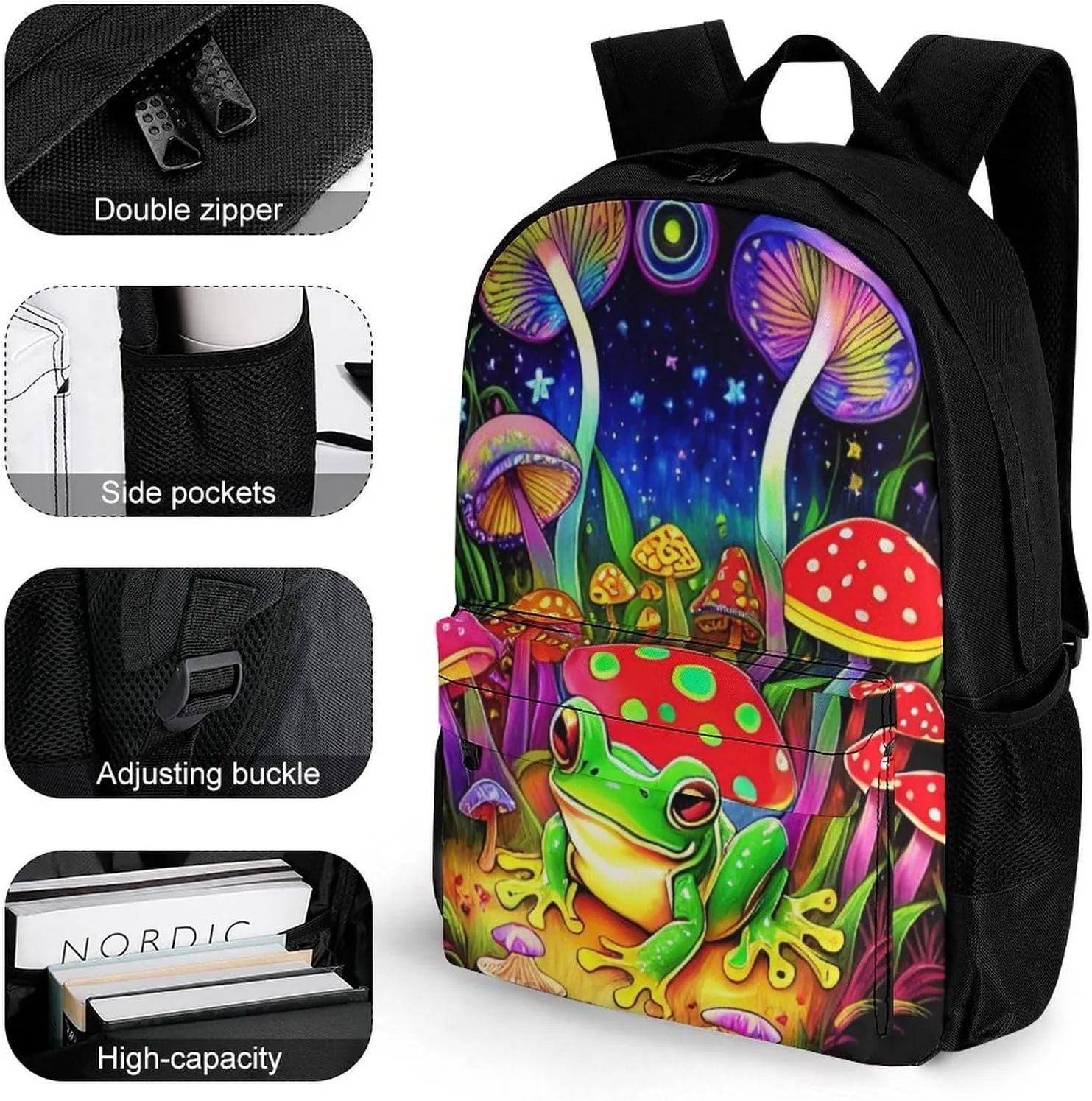 Adults Lightweight Psychedelic Magic Mushrooms Frog Trippy Art Rucksacks Large Capacity Bookbag With Adjustable Shoulder Straps for Trekking Outdoors Bicycle