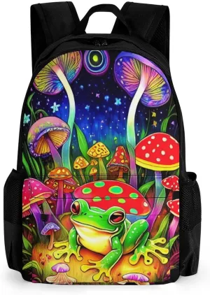 Adults Lightweight Psychedelic Magic Mushrooms Frog Trippy Art Rucksacks Large Capacity Bookbag With Adjustable Shoulder Straps for Trekking Outdoors Bicycle