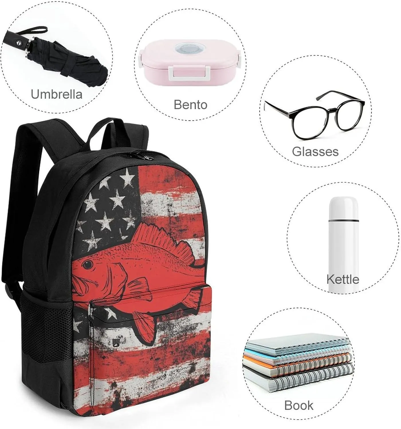 Adults Lightweight Vintage American Flag Bass Fishing Rucksacks Large Capacity Bookbag With Adjustable Shoulder Straps for Trekking Outdoors Bicycle