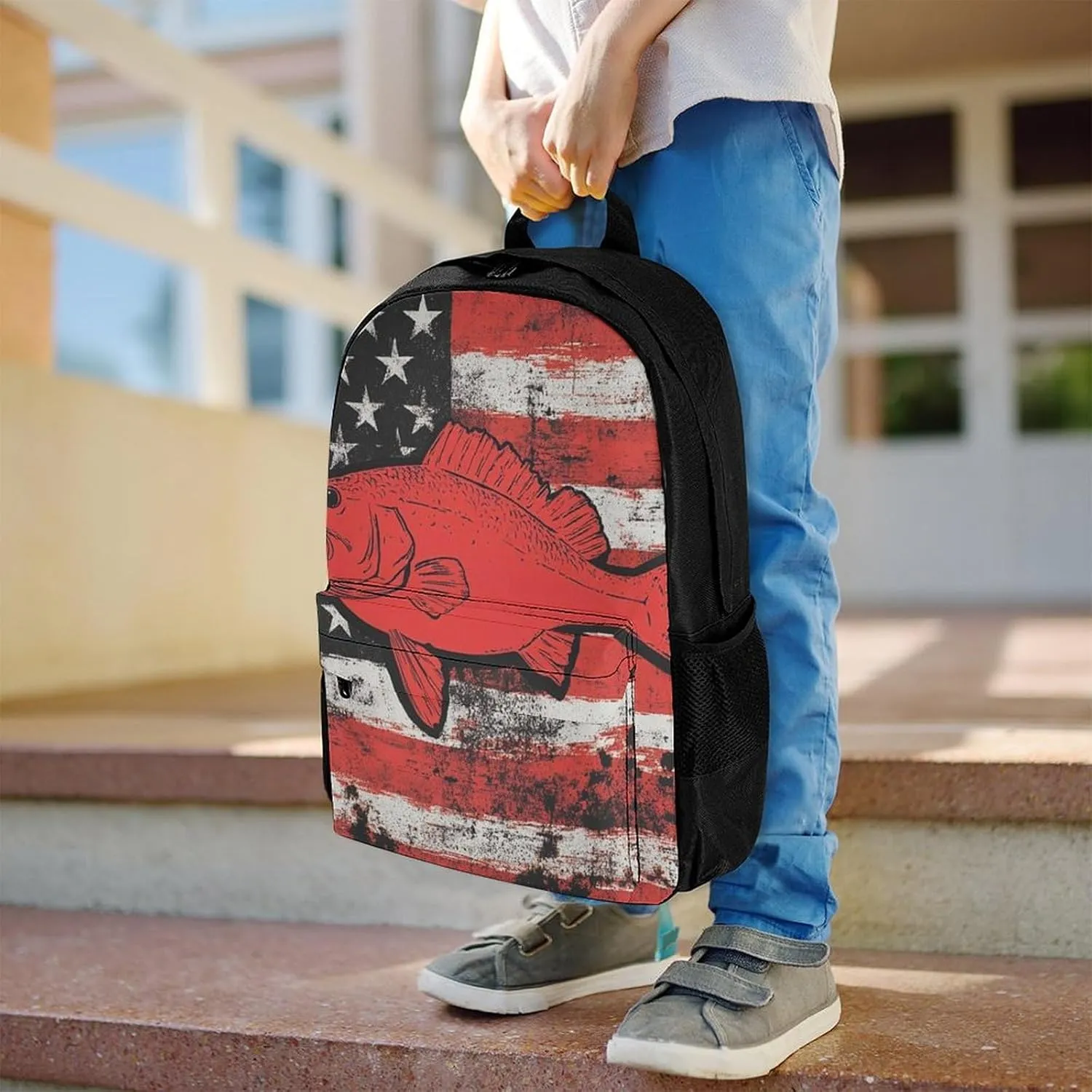 Adults Lightweight Vintage American Flag Bass Fishing Rucksacks Large Capacity Bookbag With Adjustable Shoulder Straps for Trekking Outdoors Bicycle