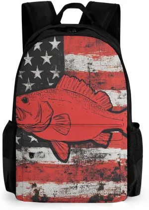 Adults Lightweight Vintage American Flag Bass Fishing Rucksacks Large Capacity Bookbag With Adjustable Shoulder Straps for Trekking Outdoors Bicycle