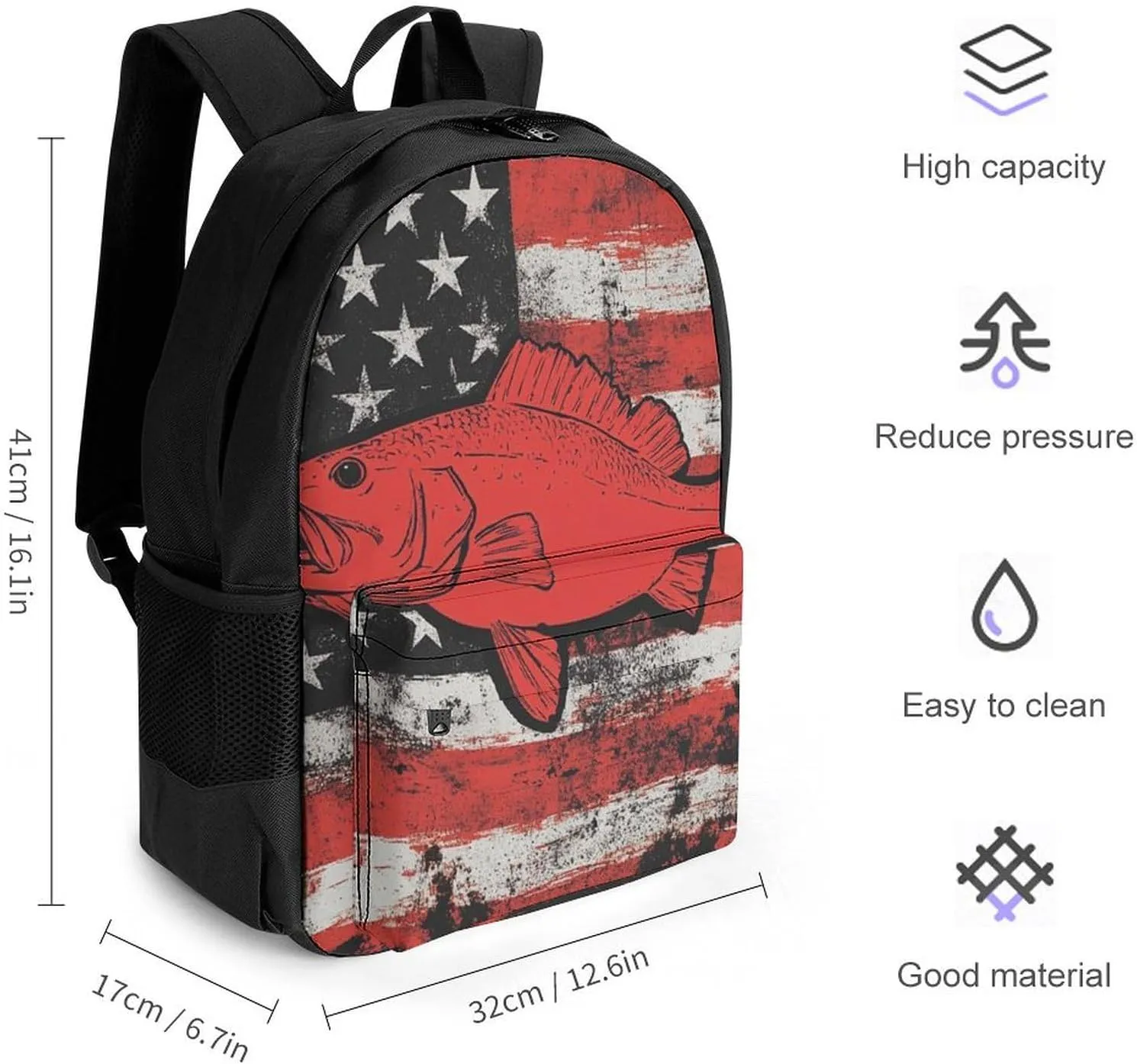 Adults Lightweight Vintage American Flag Bass Fishing Rucksacks Large Capacity Bookbag With Adjustable Shoulder Straps for Trekking Outdoors Bicycle