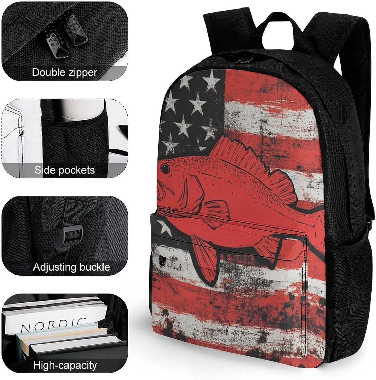 Adults Lightweight Vintage American Flag Bass Fishing Rucksacks Large Capacity Bookbag With Adjustable Shoulder Straps for Trekking Outdoors Bicycle