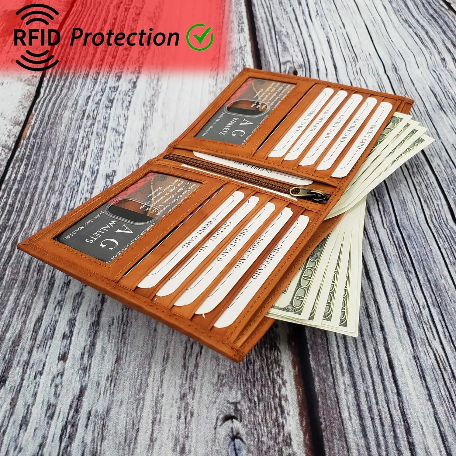 ag wallets Men's RFID Genuine Leather European Bifold Wallet Hipster 2 ID Windows Tan