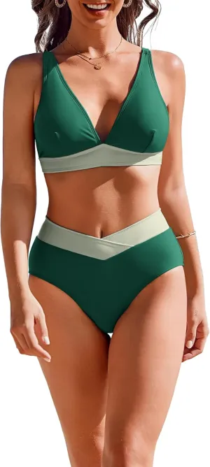 AI'MAGE High Waisted Bikini Set for Women Tummy Control Women's 2 Piece Bathing Suit V Neck Sexy Color Block Swimsuit 2025