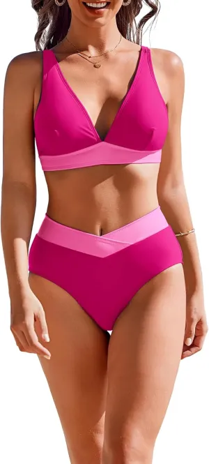 AI'MAGE High Waisted Bikini Set for Women Tummy Control Women's 2 Piece Bathing Suit V Neck Sexy Color Block Swimsuit 2025