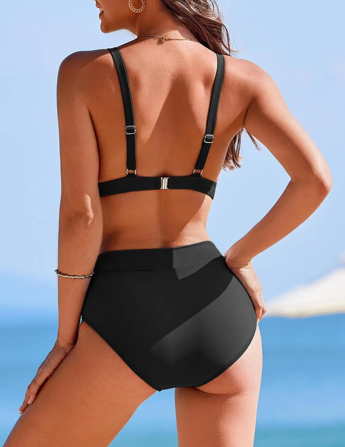 AI'MAGE High Waisted Bikini Set for Women Tummy Control Women's 2 Piece Bathing Suit V Neck Sexy Color Block Swimsuit 2025