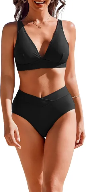 AI'MAGE High Waisted Bikini Set for Women Tummy Control Women's 2 Piece Bathing Suit V Neck Sexy Color Block Swimsuit 2025
