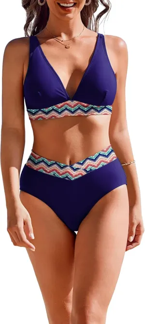 AI'MAGE High Waisted Bikini Set for Women Tummy Control Women's 2 Piece Bathing Suit V Neck Sexy Color Block Swimsuit 2025