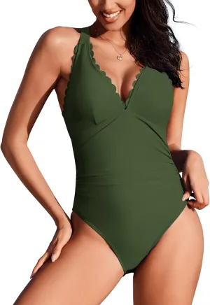 AI'MAGE Women's One Piece Swimsuit Deep V Neck Bathing Suit Scallop Trim Swim Suits Crisscross Back Tie Slimming Swimwear