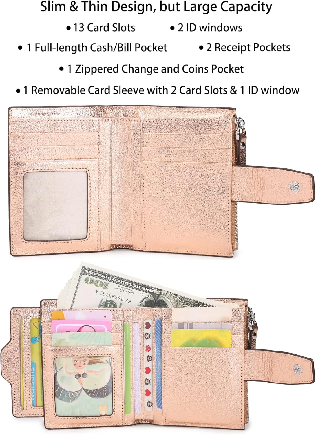 AINIMOER Women's RFID Blocking Leather Small Compact Bi-fold Zipper Pocket Wallet Card Case Purse with id Window