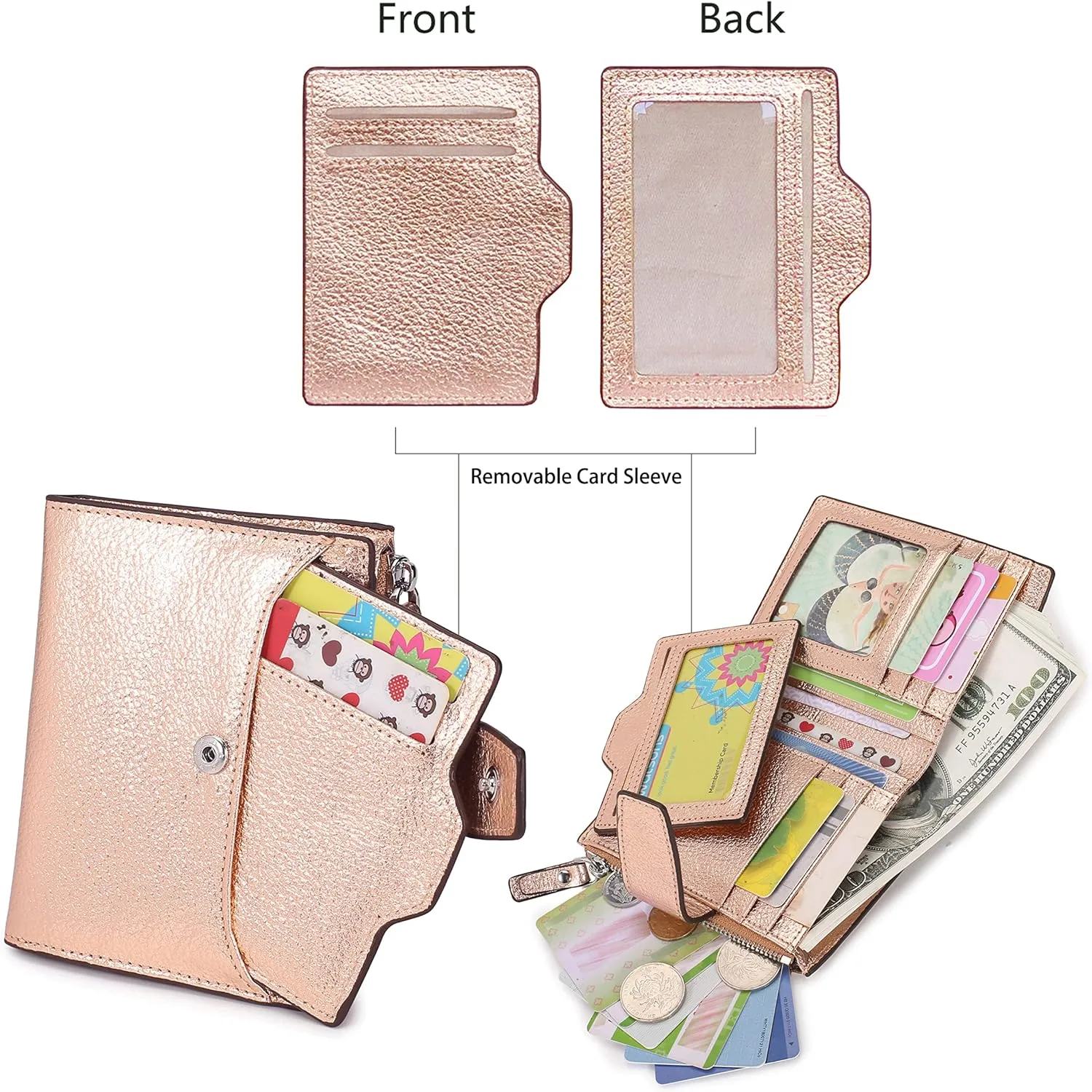 AINIMOER Women's RFID Blocking Leather Small Compact Bi-fold Zipper Pocket Wallet Card Case Purse with id Window