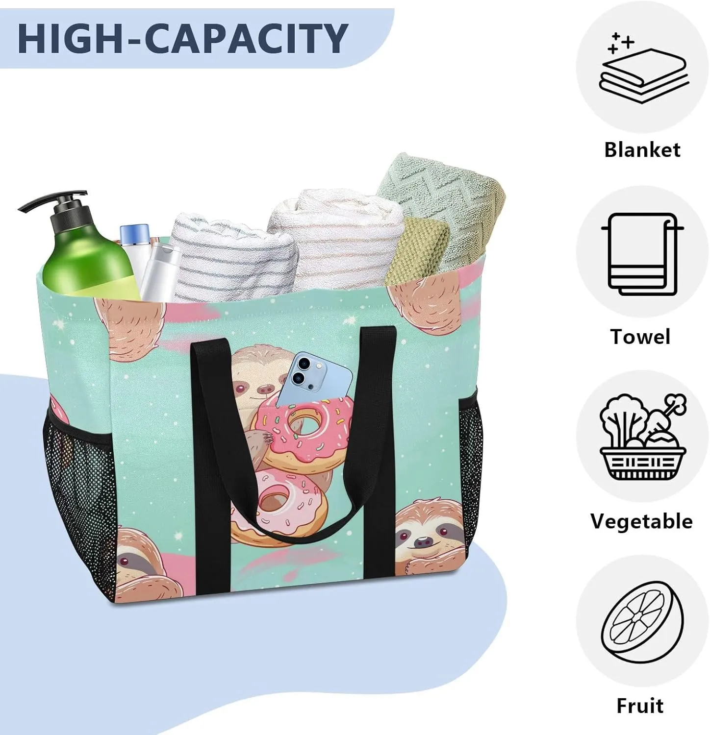 ALAZA Cute Sloth and Palm Leaves Seamlee Waterproof Beach Tote Bags