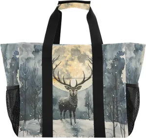 ALAZA Watercolor Moon Winter Deer Waterproof Beach Tote Bags