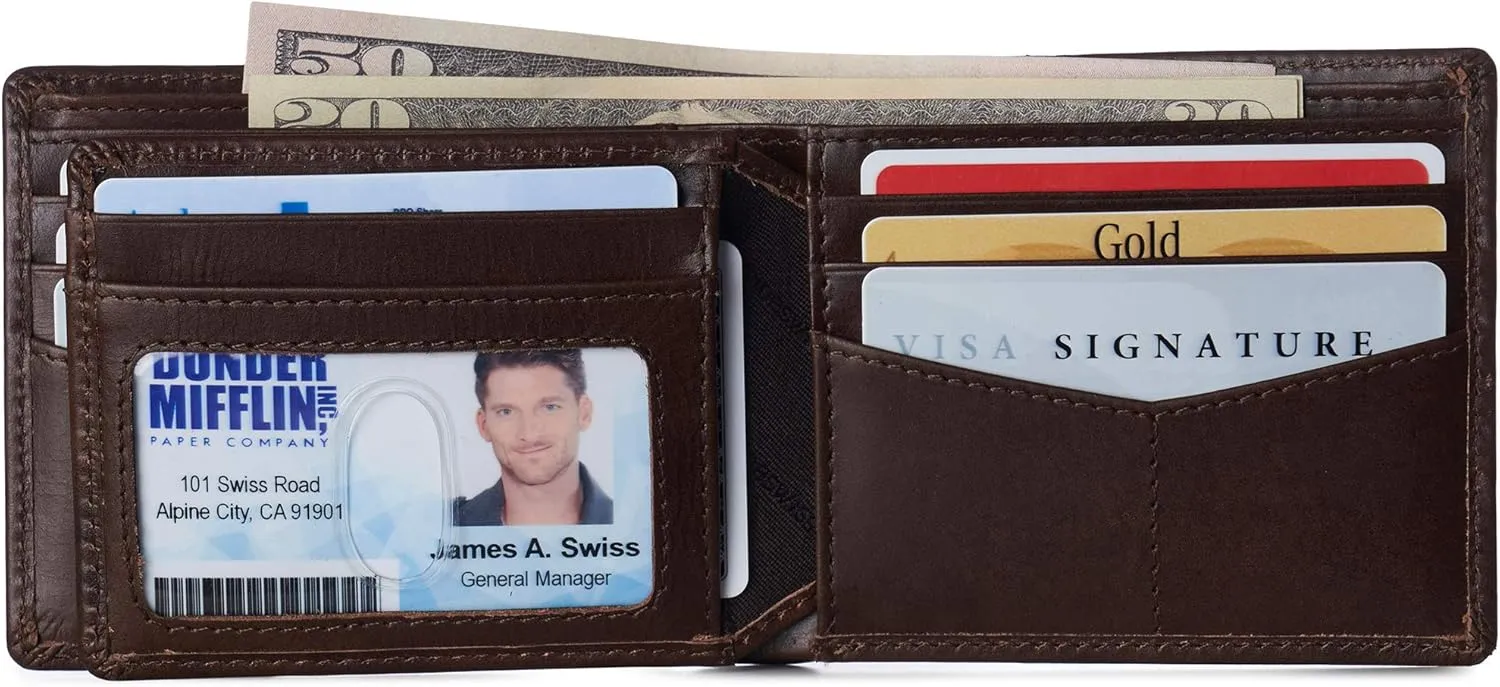 Alpine Swiss Mens Nolan Bifold Commuter Wallet Cowhide Leather RFID Safe Comes in a Gift Box