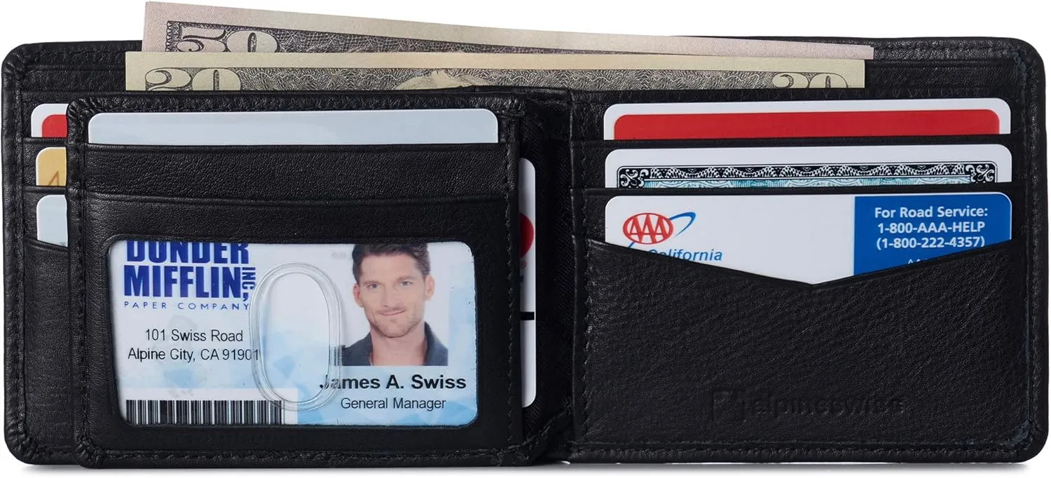 Alpine Swiss Mens Nolan Bifold Commuter Wallet Cowhide Leather RFID Safe Comes in a Gift Box