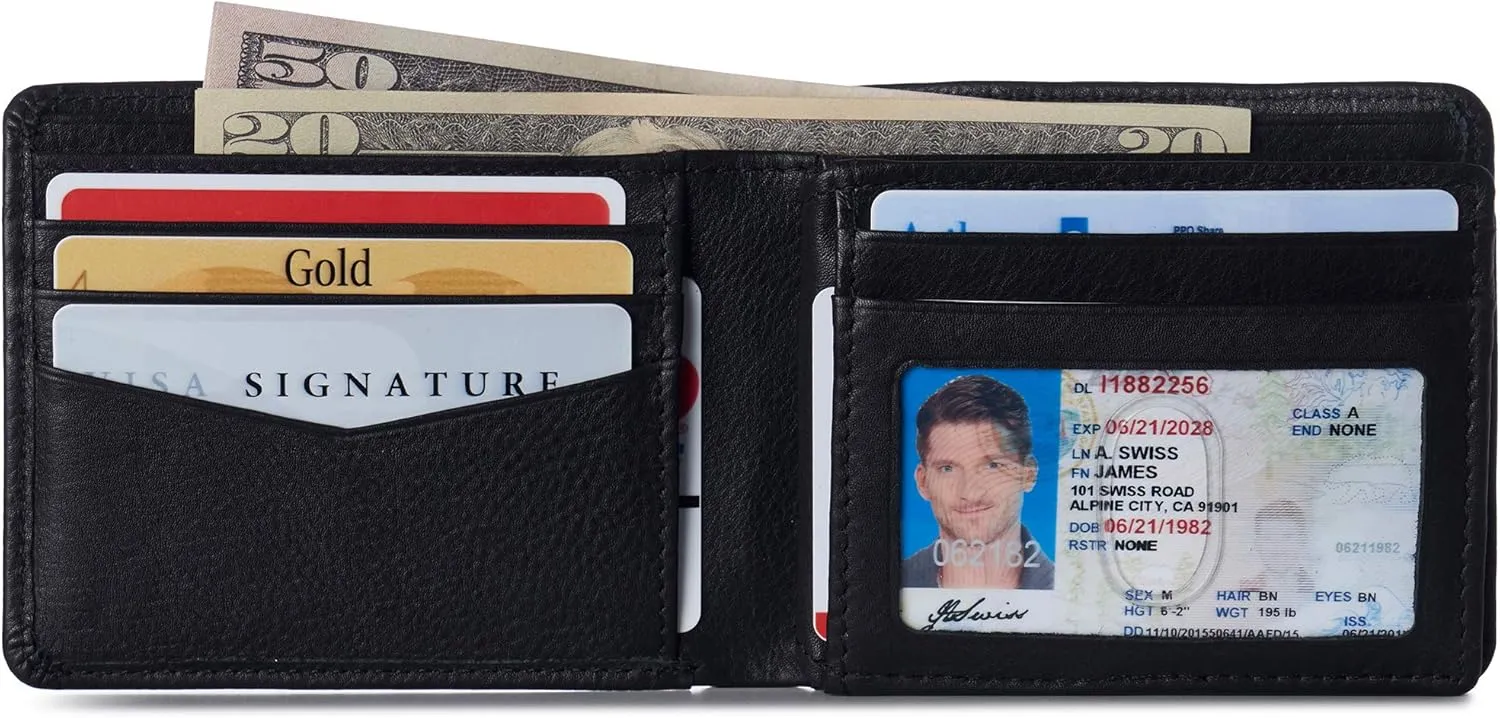 Alpine Swiss Mens Nolan Bifold Commuter Wallet Cowhide Leather RFID Safe Comes in a Gift Box