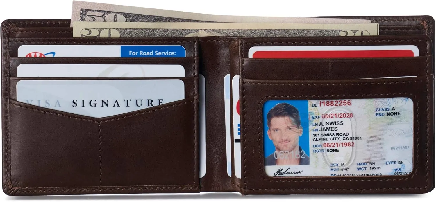 Alpine Swiss Mens Nolan Bifold Commuter Wallet Cowhide Leather RFID Safe Comes in a Gift Box